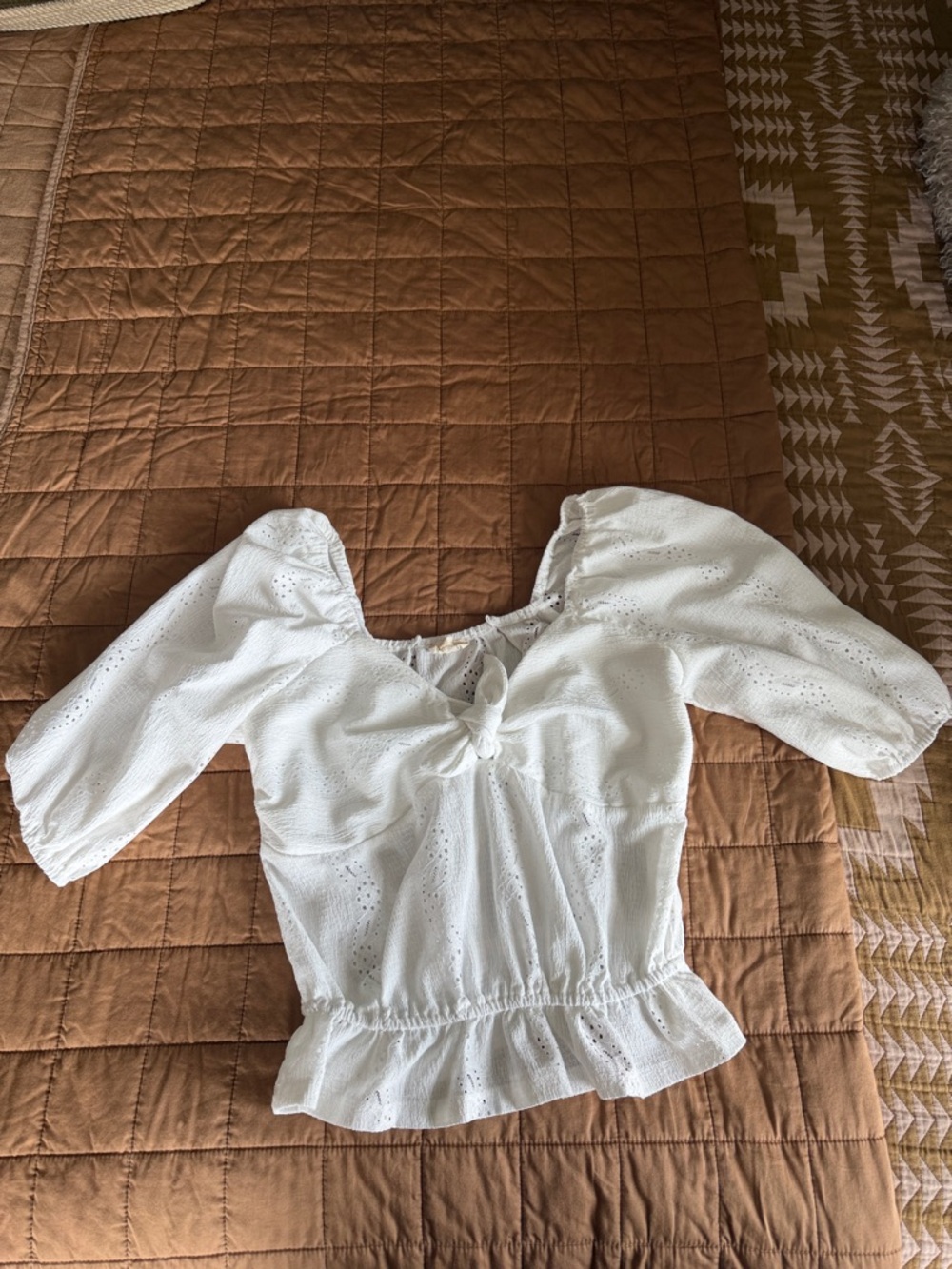 Hem & Thread White Eyelet Tie-Front Peasant Blouse